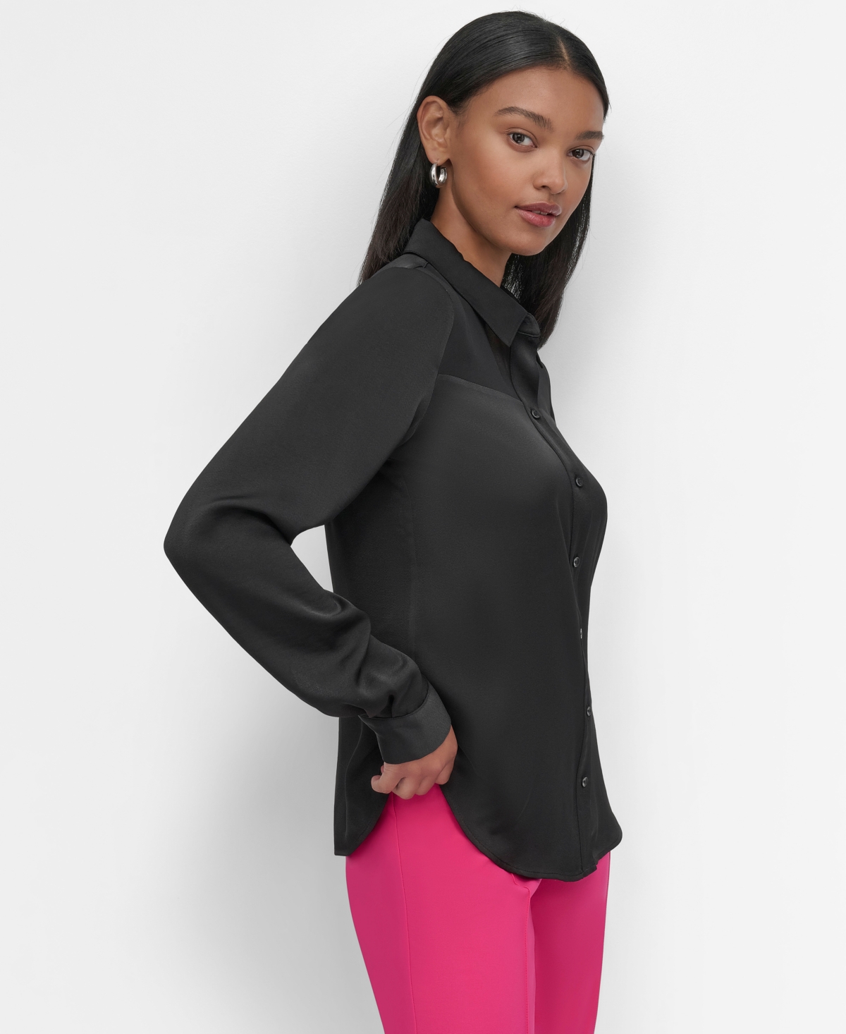 Dkny Women's Mixed-Media Chiffon-Yoke Blouse