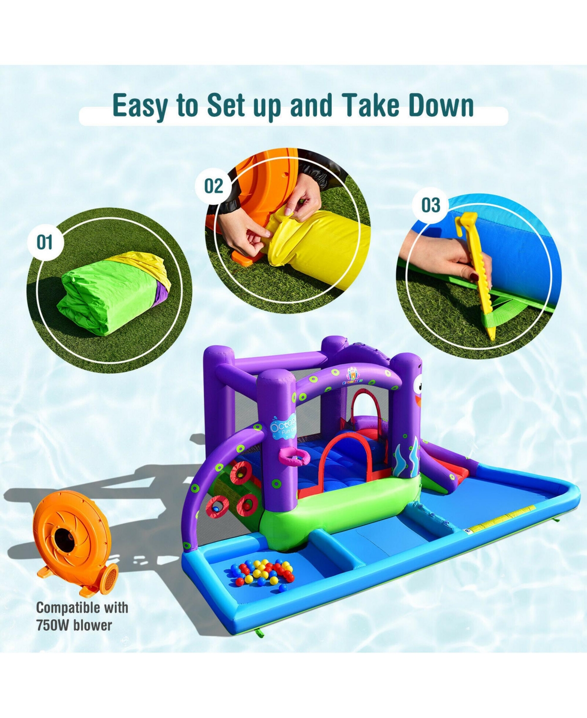 Gymax Inflatable Water Slide Castle Kids Bounce House w/ Octopus Style Blower Excluded - Purple+blue+green+red