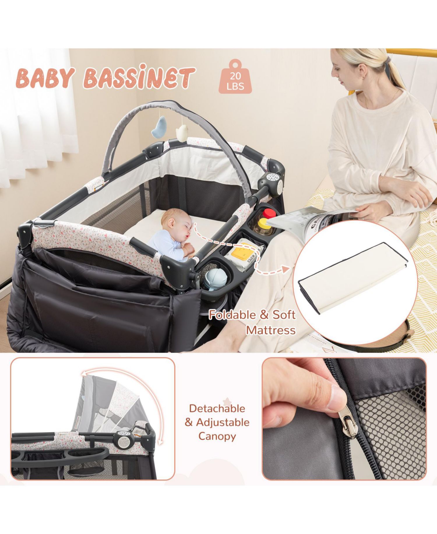 Kids 4 in 1 Portable Pack and Play Nursery Center with Bassinet-Heart