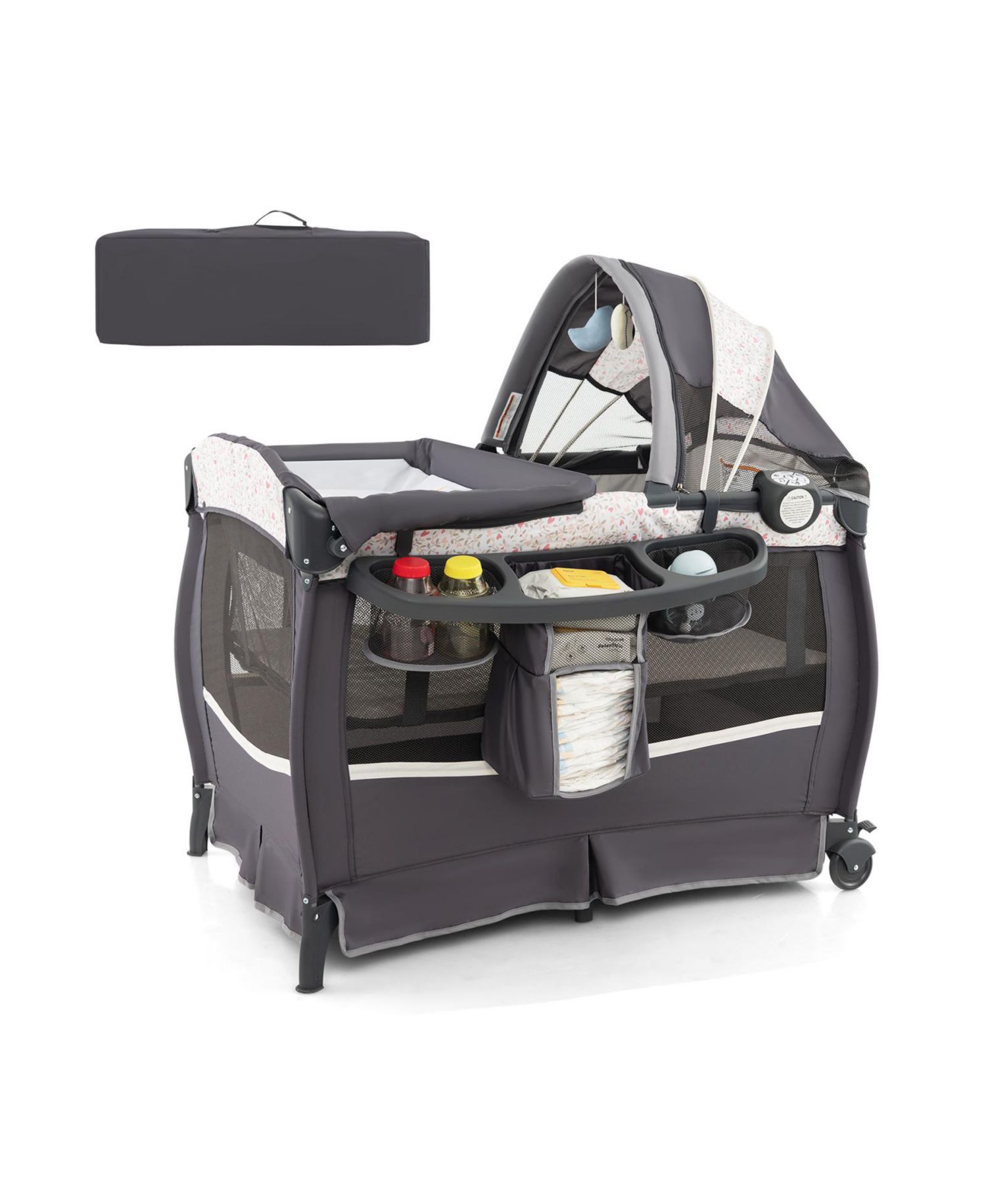 Kids 4 in 1 Portable Pack and Play Nursery Center with Bassinet-Heart