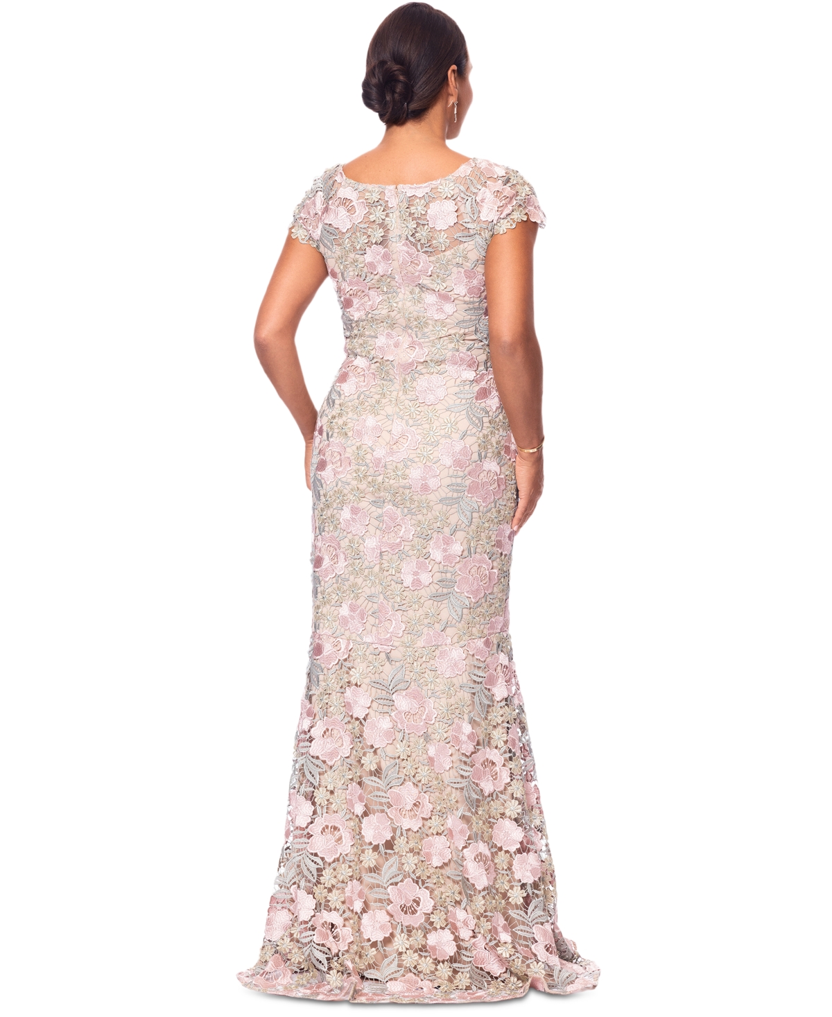 Xscape Women's Boat-neck Short-sleeve Lace Gown In Blush,grey,gold