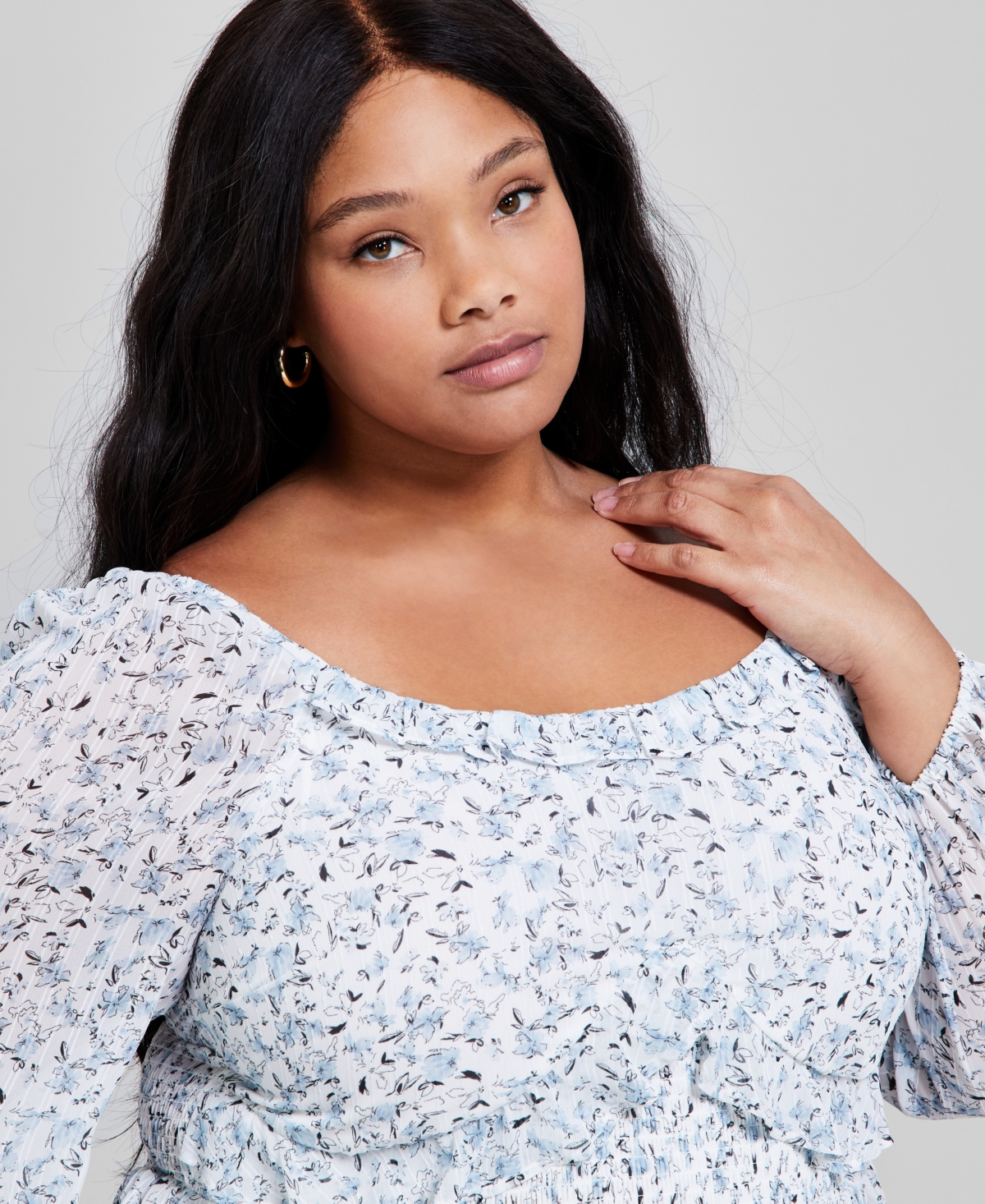 And Now This Trendy Plus Size Printed Ruffled Blouson-sleeve Top, Exclusively At Macy's In Blue Print