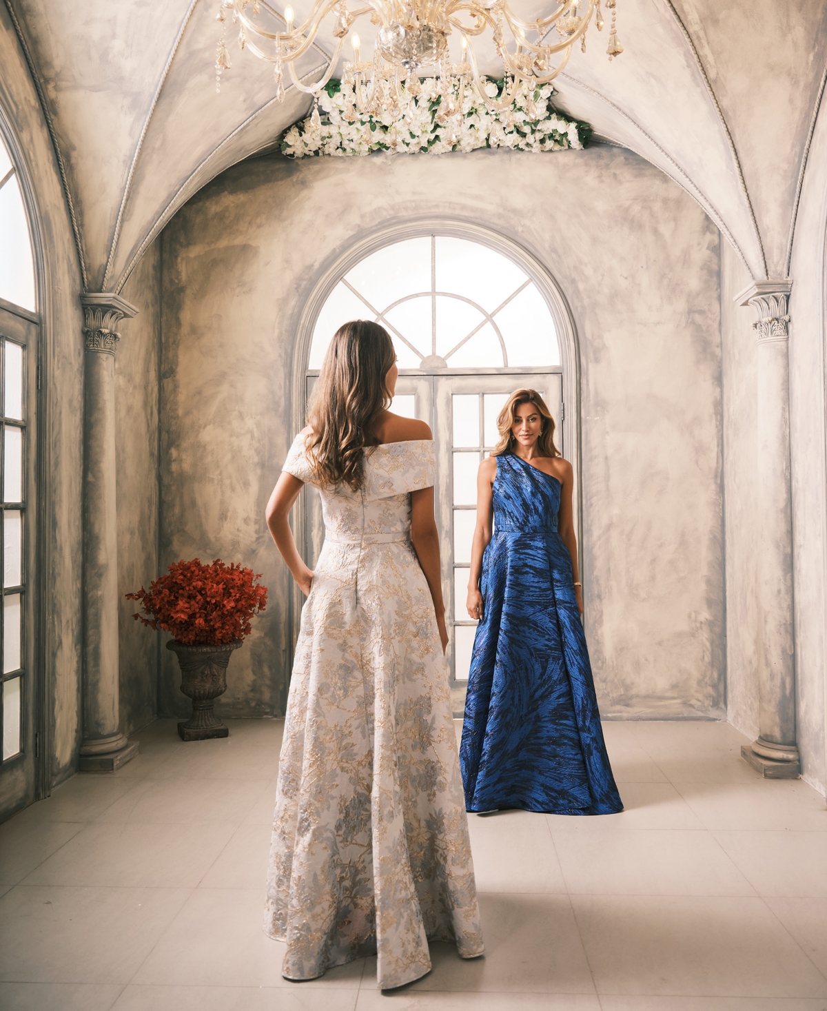 xscape blue and gold dress Plus "Melissa" Brocade Off the Shoulder V-Neck Ballgown