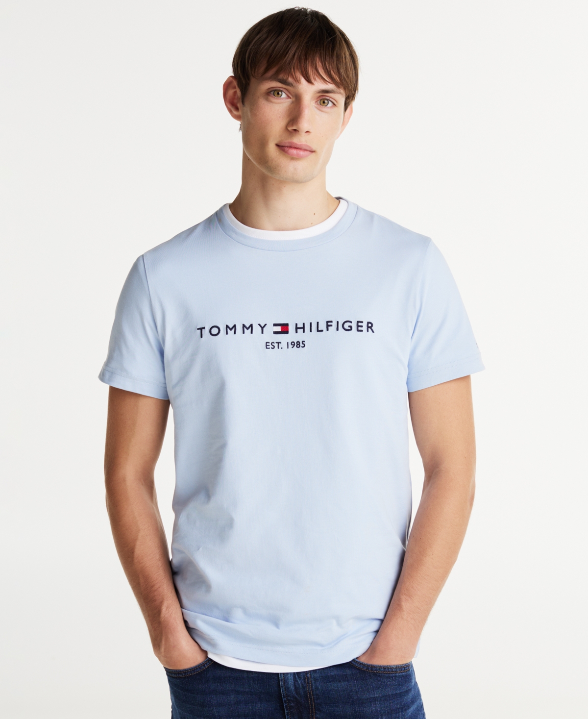 Tommy Hilfiger Men's Embroidered Logo Slim-fit Crewneck T-shirt In Breezy Blue