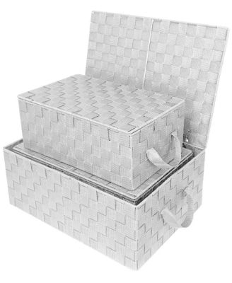 3 Pack Decorative Stackable Woven Basket with Lid and Built-in Rope Carry Handles - Great for Storage and Organization