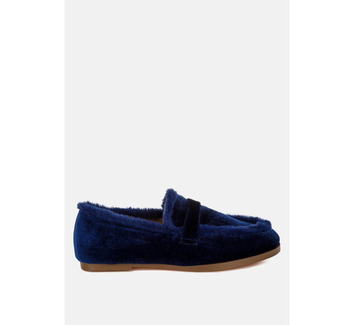 Bastian Fur Detail Velvet Loafers - Dark blue