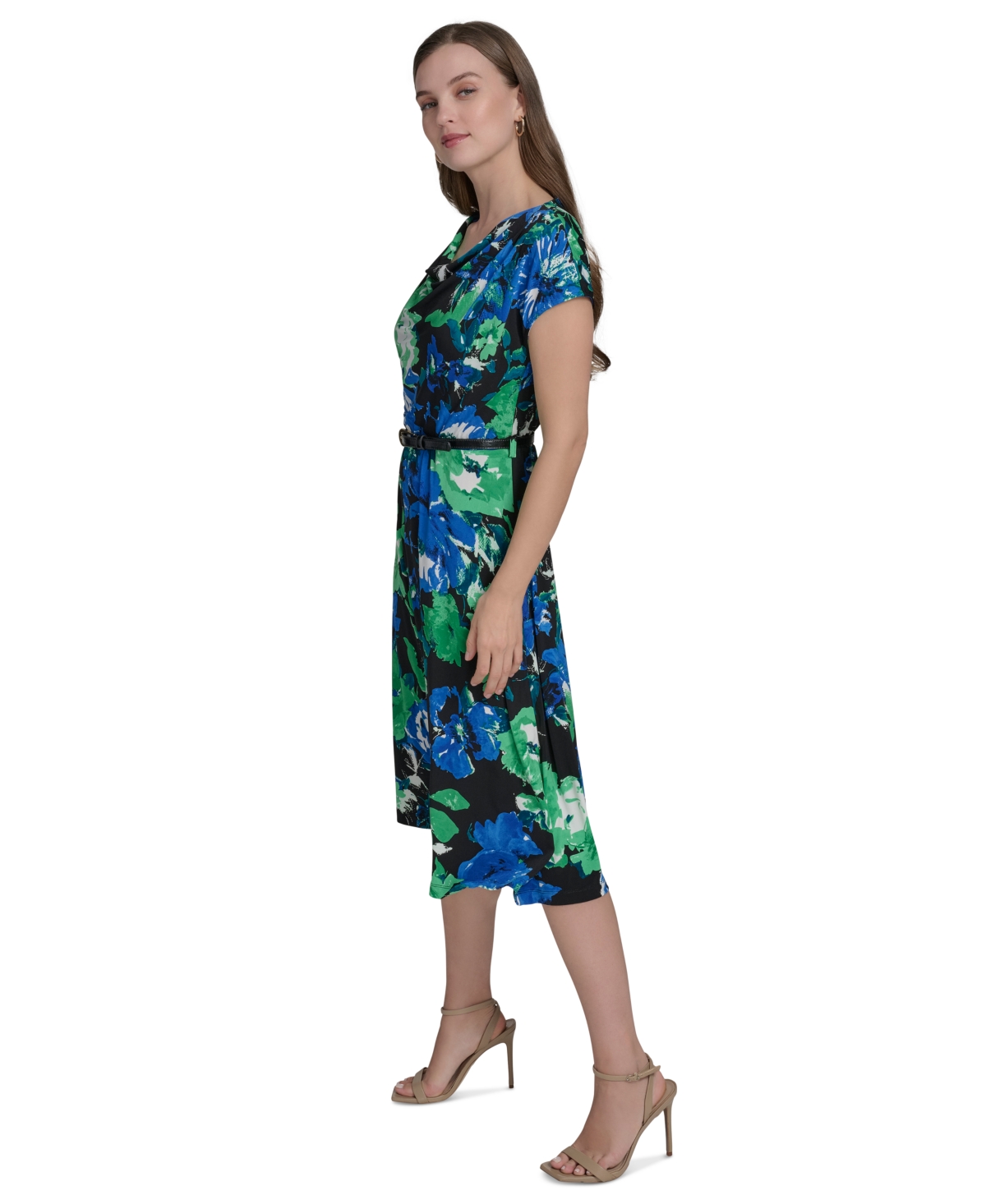 HALSTON WOMEN'S PRINTED DRAPE-NECK BELTED DRESS 