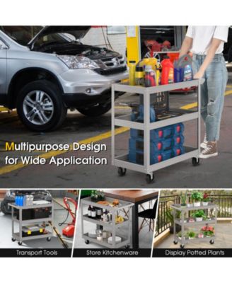 3-Tier Metal Utility Cart Trolley Tool with Flat Handle and 2 Lockable Universal Wheels