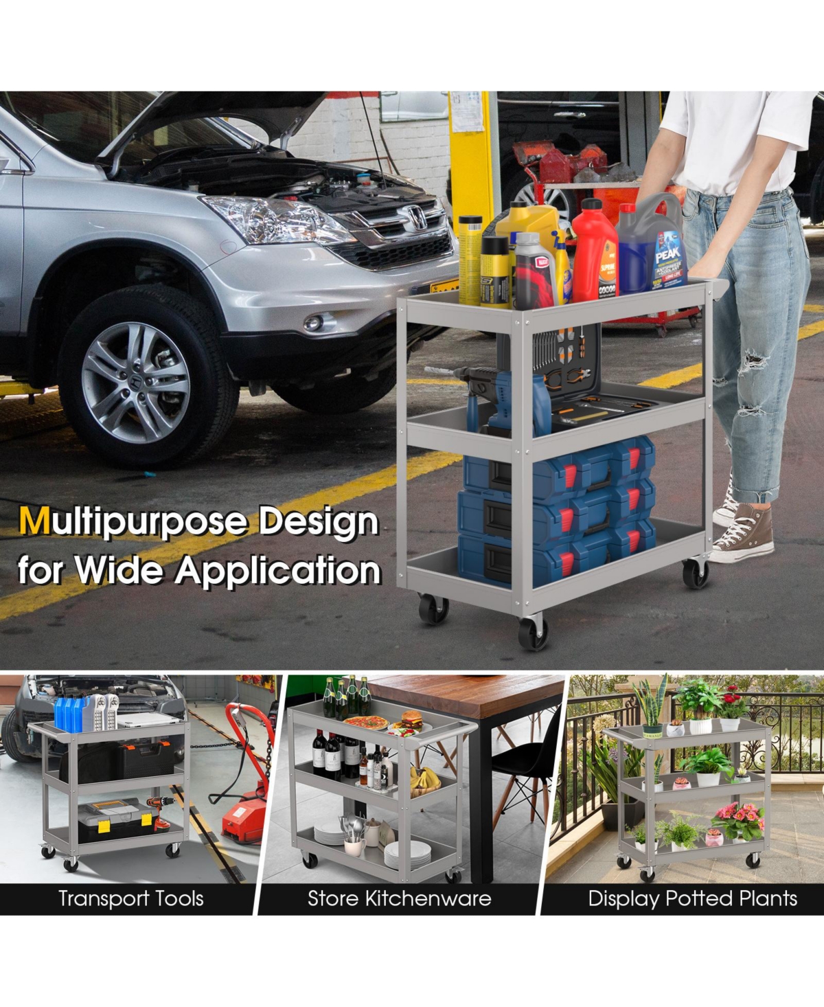 Gouun 3-Tier Metal Utility Cart Trolley Tool with Flat Handle and 2 Lockable Universal Wheels