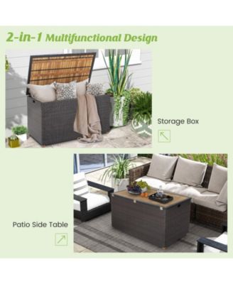 134 Gallon Rattan Storage Box with Zippered Liner and Solid Acacia Wood Top