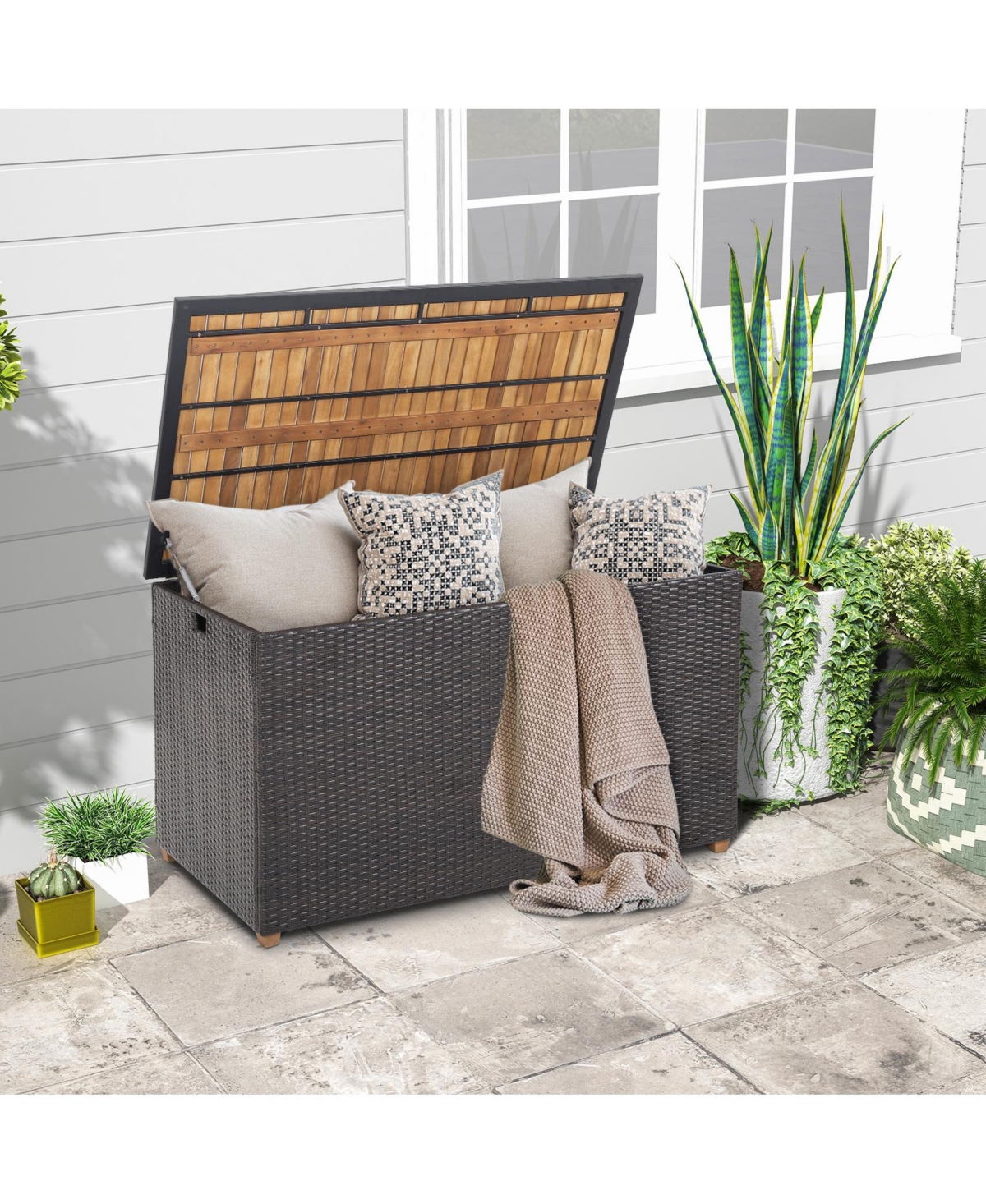Gouun Gallon Rattan Storage Box with Zippered Liner and Solid Acacia Wood Top
