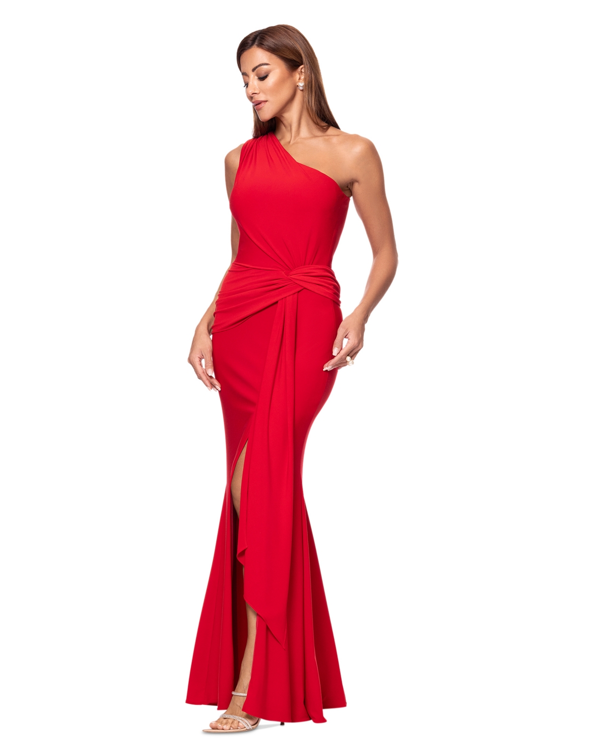 Xscape Petite One-shoulder Draped-detail Gown In Red