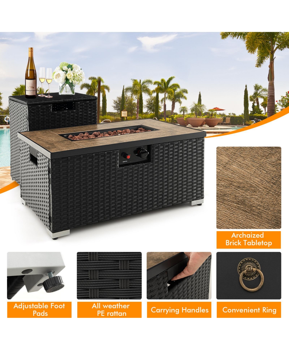 Gouun 32 x 20 Inch Propane Rattan Fire Pit Table Set with Side Table Tank and Cover