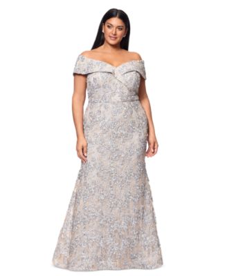 XSCAPE - Plus Size Embellished Lace Off-The-Shoulder Gown