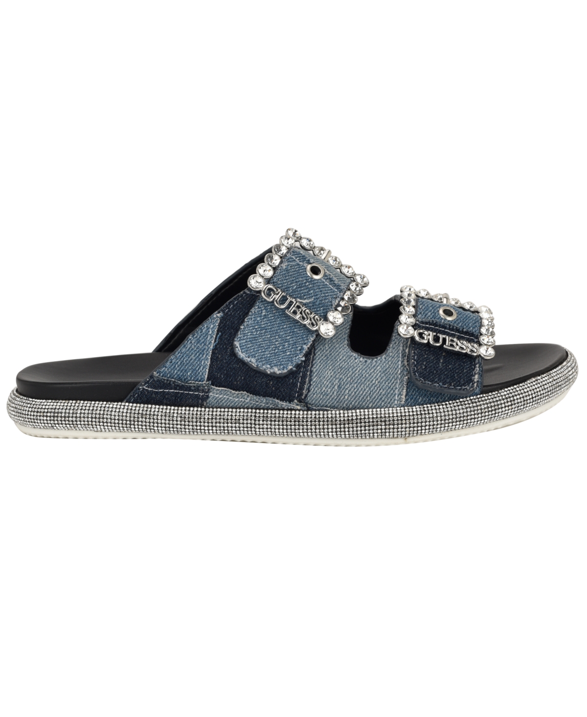 Guess Funzya Slide Sandal In Blue Denim Patchwork