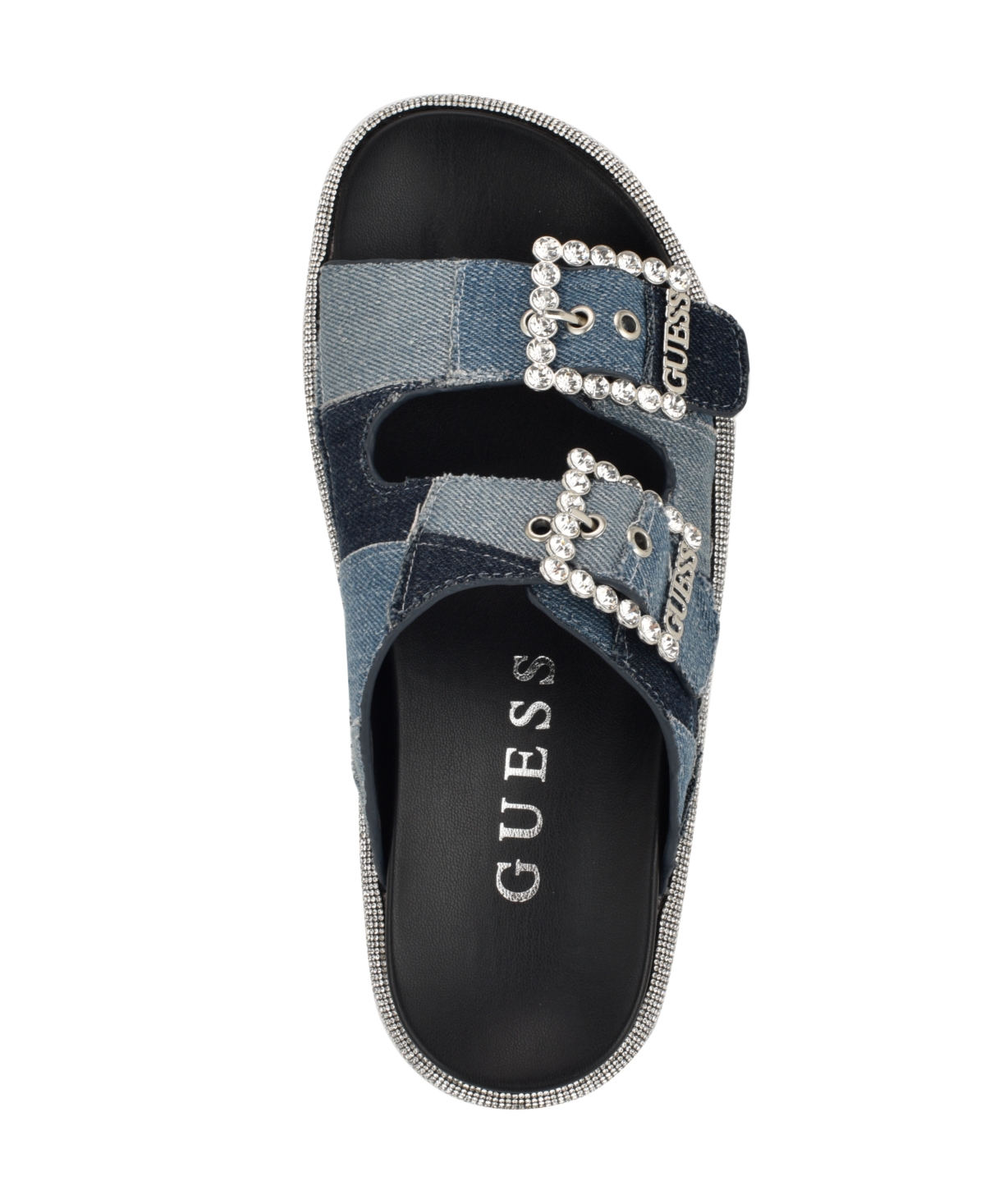 Guess Funzya Slide Sandal In Blue Denim Patchwork