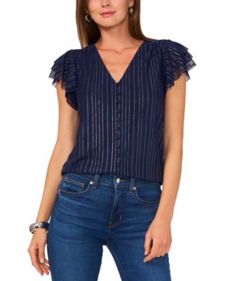 Vince Camuto - Women's Metallic-Stripe Flounce-Sleeve Top