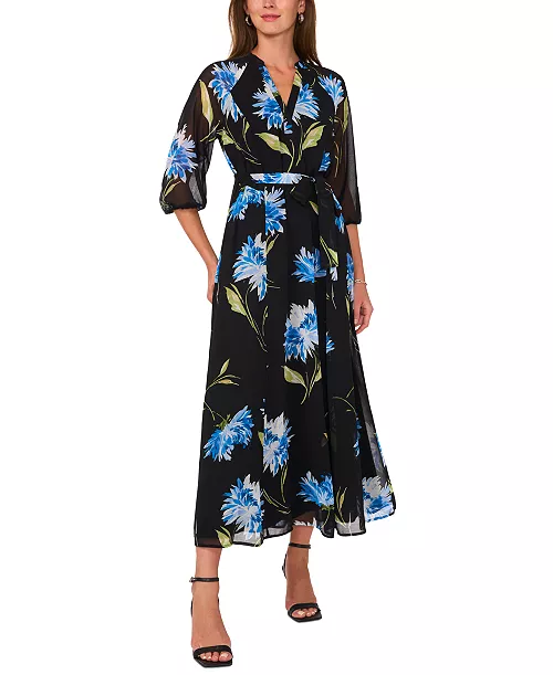 women's 3/4-sleeve belted maxi dress