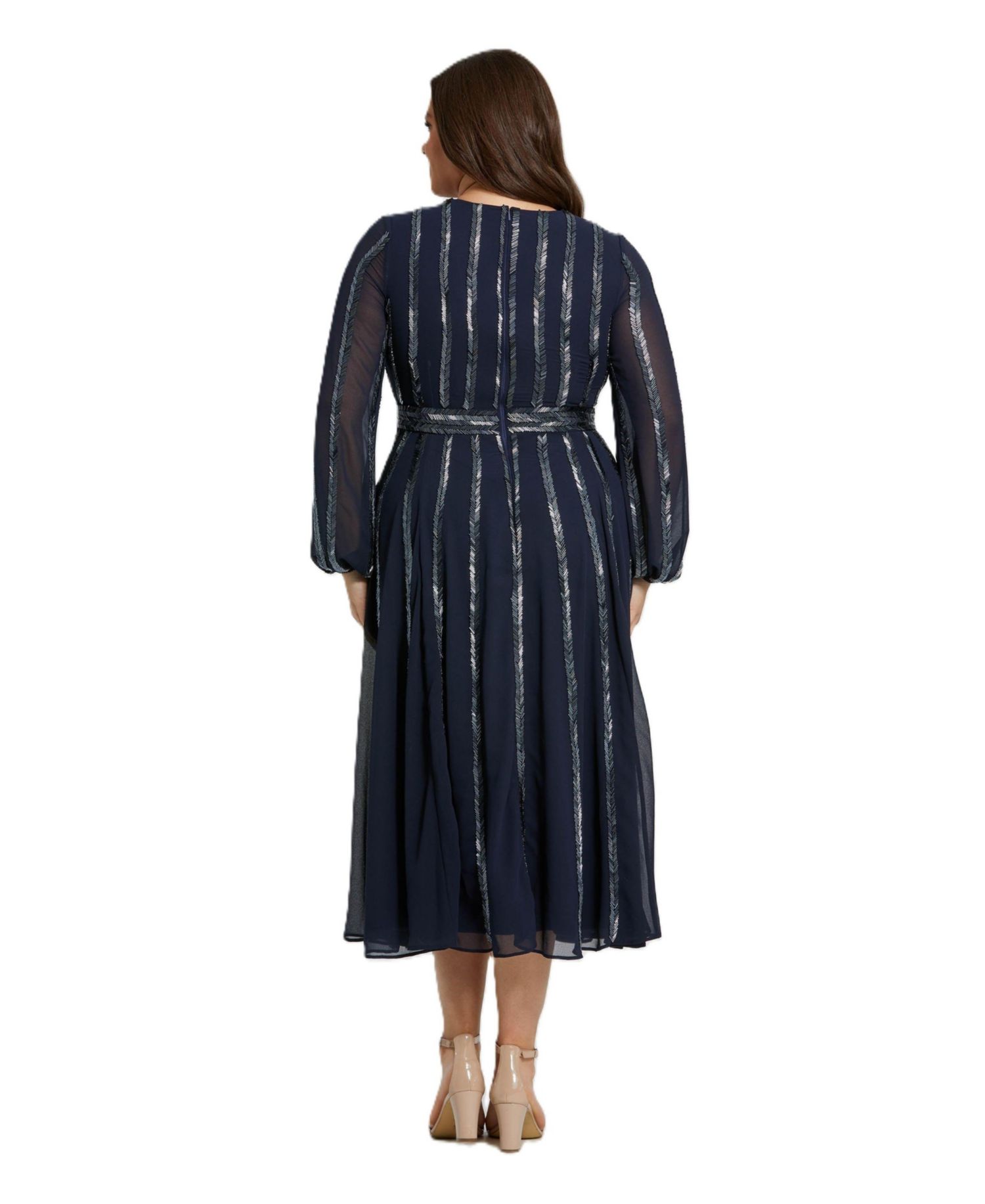 Plus Size Long Sheer Sleeve Beaded Dress