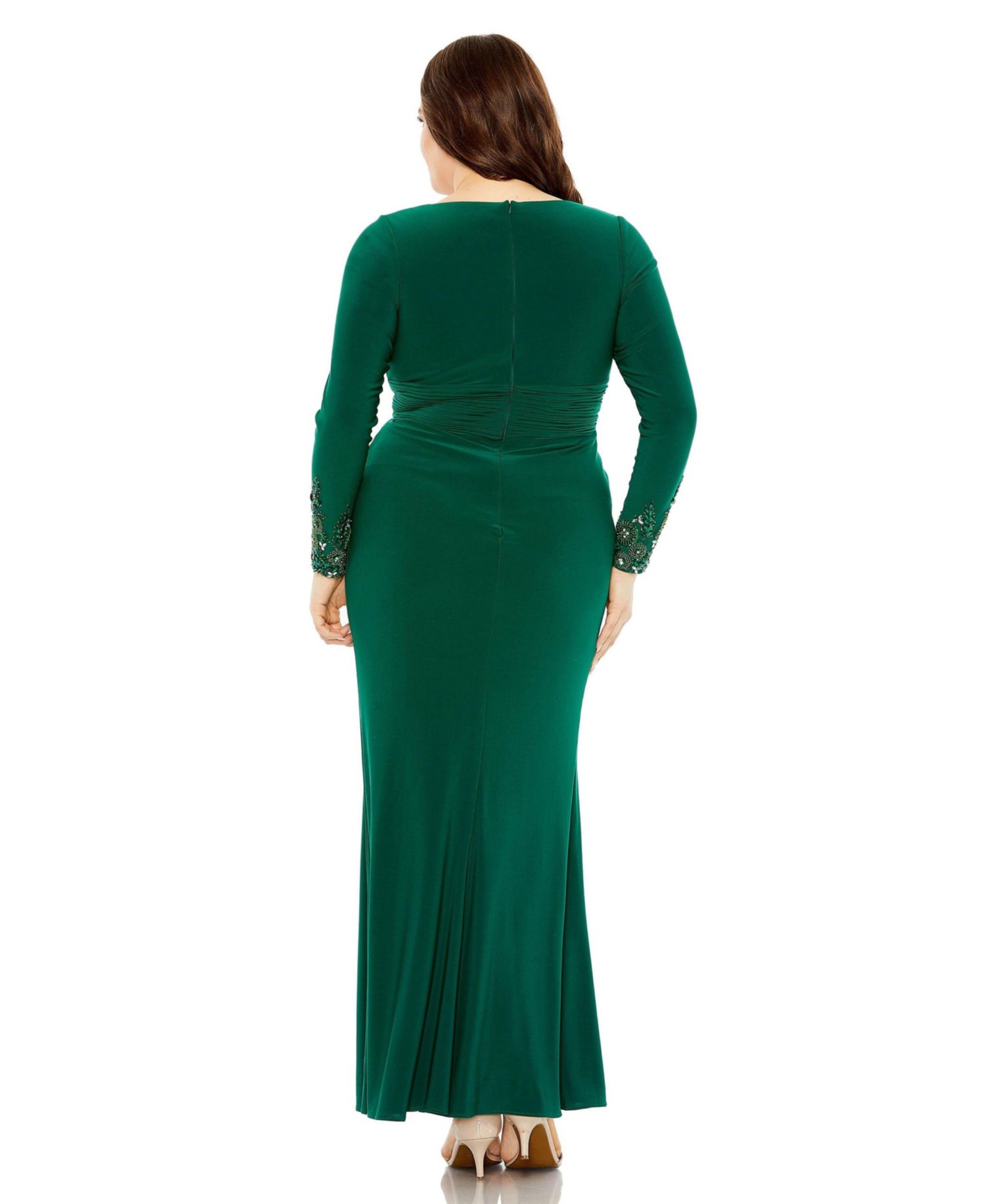 Women's Long Crystal Detail Sleeve V Neck Gown