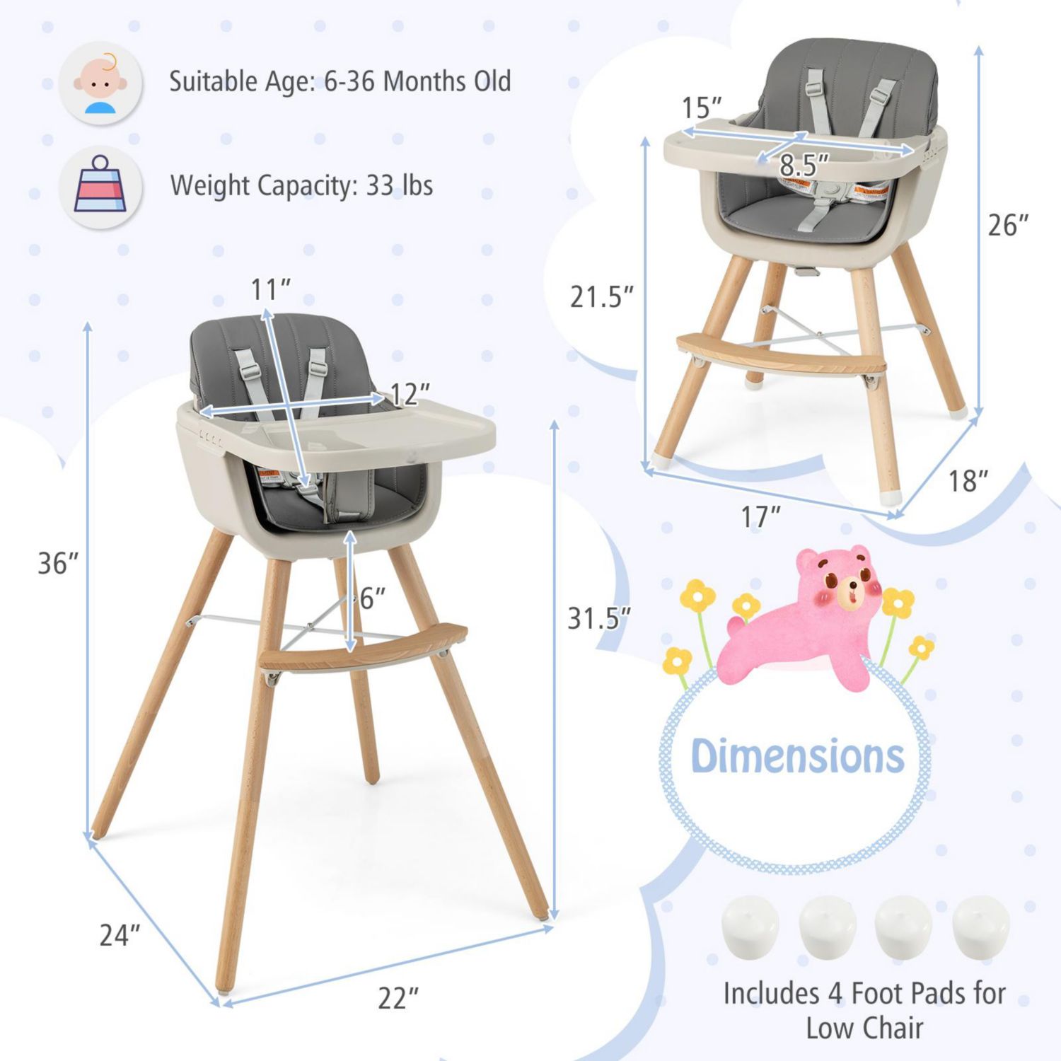3-in-1 Convertible Wooden Baby High Chair with Cushion