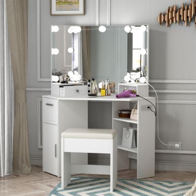 1 PC solid wood Vanity Mirror with Lights and Table Set & Power Outlet Vanity Nightstands