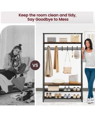 Coat Rack Shoe Bench, 4-in-1 Hall Trees Entryway Bench with Coat Rack and Shoe Rack, Wood Look Accent Furniture Hanging Bar