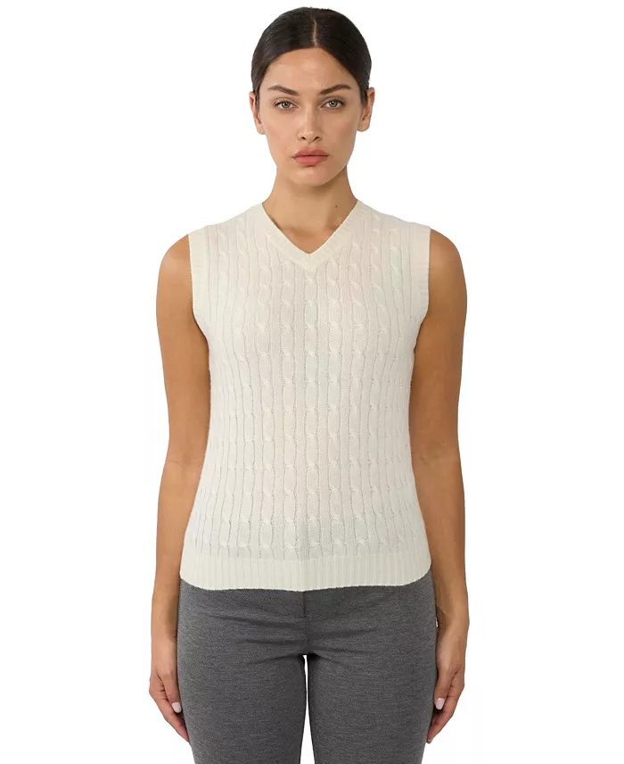 Women's 100% Cashmere V Neck Cable-knit Sweater Vest - thumbnail 10