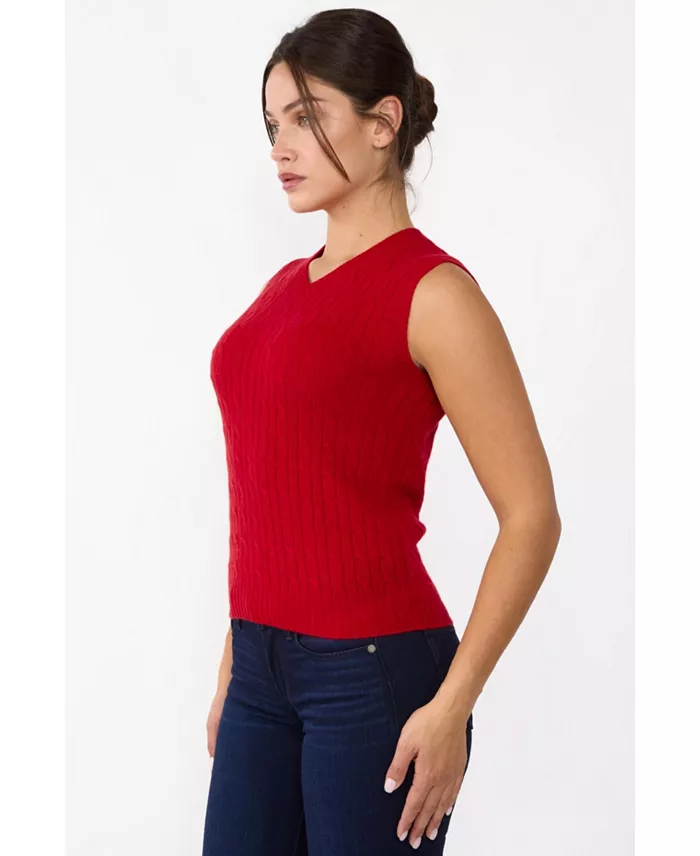 Women's 100% Cashmere V Neck Cable-knit Sweater Vest - thumbnail 5