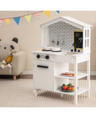 Kids Wooden Kitchen Play Set with Storage Shelves and Accessories