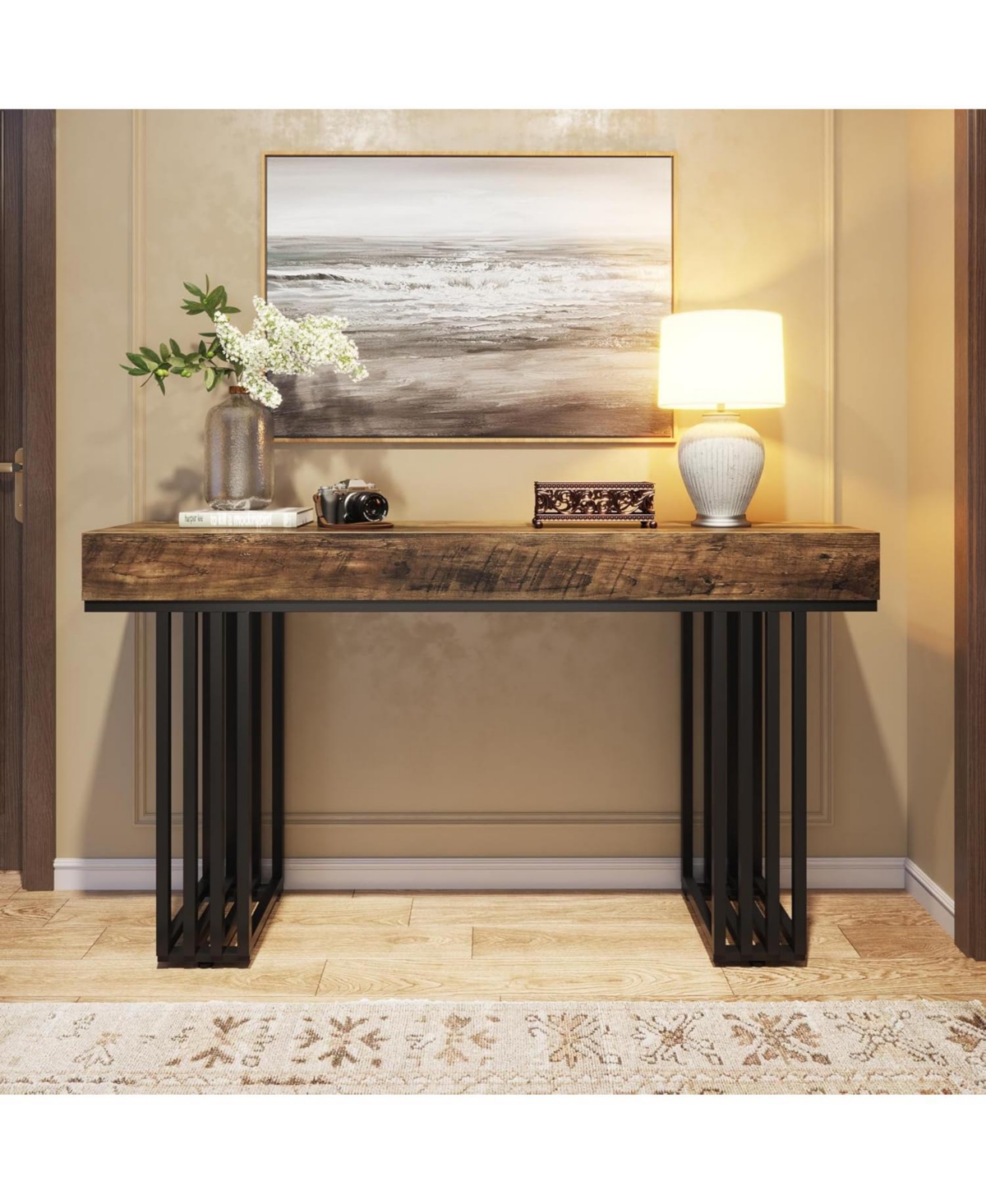 Tribesigns 55-Inch Console Table for Entryway, Industrial Wood Hallway Table with Stylish Metal Frame, Sofa Foyer Table for Living Room, Entrance, Bla
