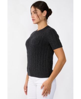 Women's 70% Wool 30% Cashmere Chuncky Cable-knit Crewneck Short Sleeve Sweater