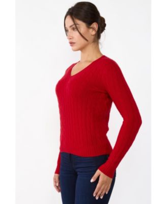 Women's 100% Cashmere Cable-knit Long Sleeve Pullover V Neck Sweater