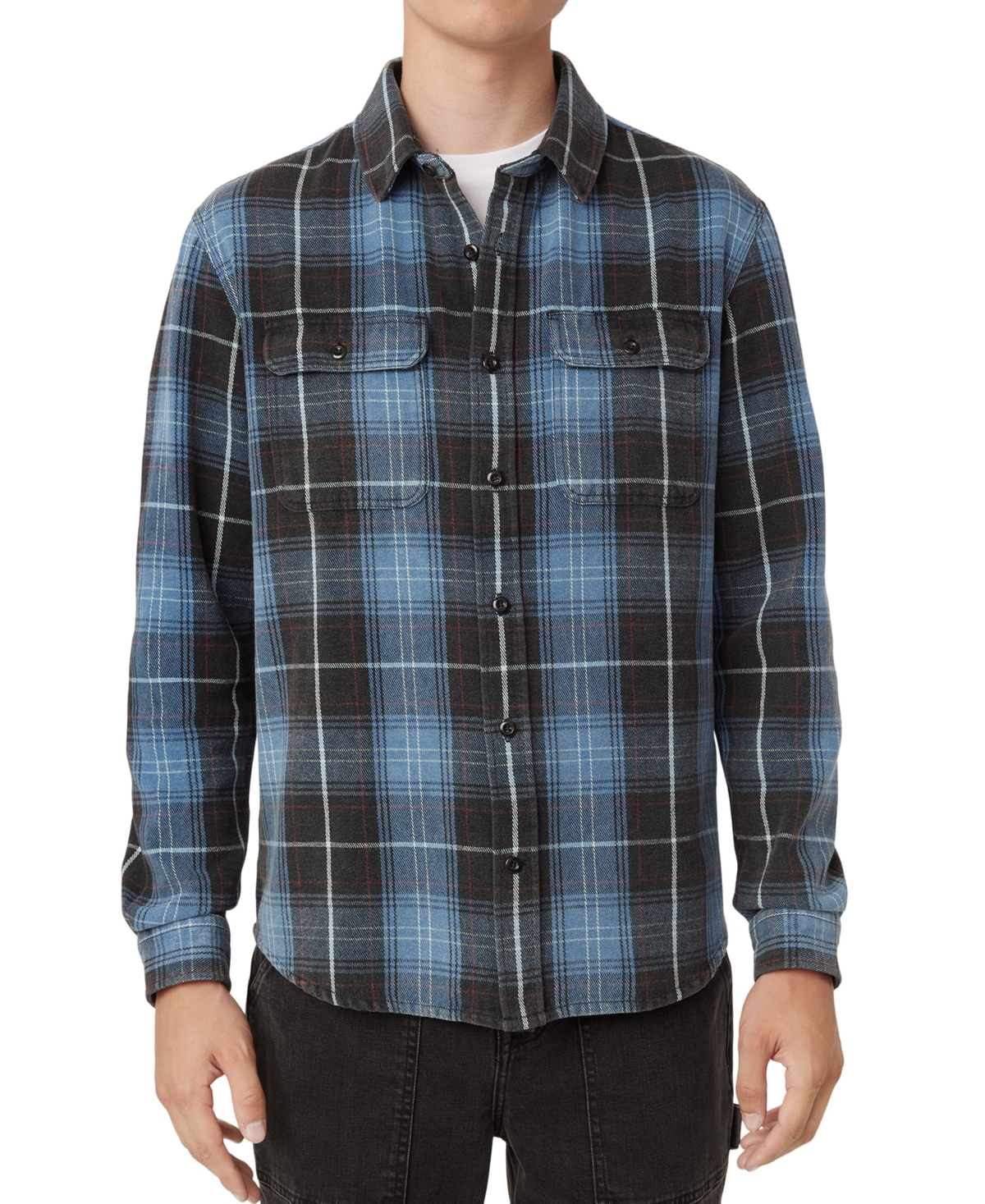 Men's Distressed Cotton Flannel Shirt - Blue