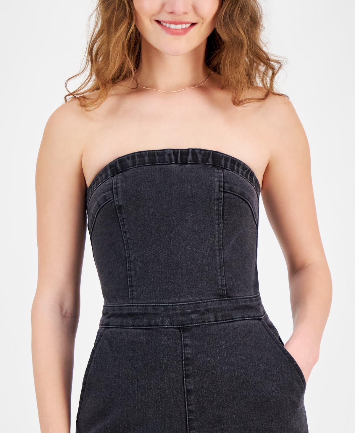 TINSELTOWN JUNIORS' STRAPLESS DENIM JUMPSUIT 