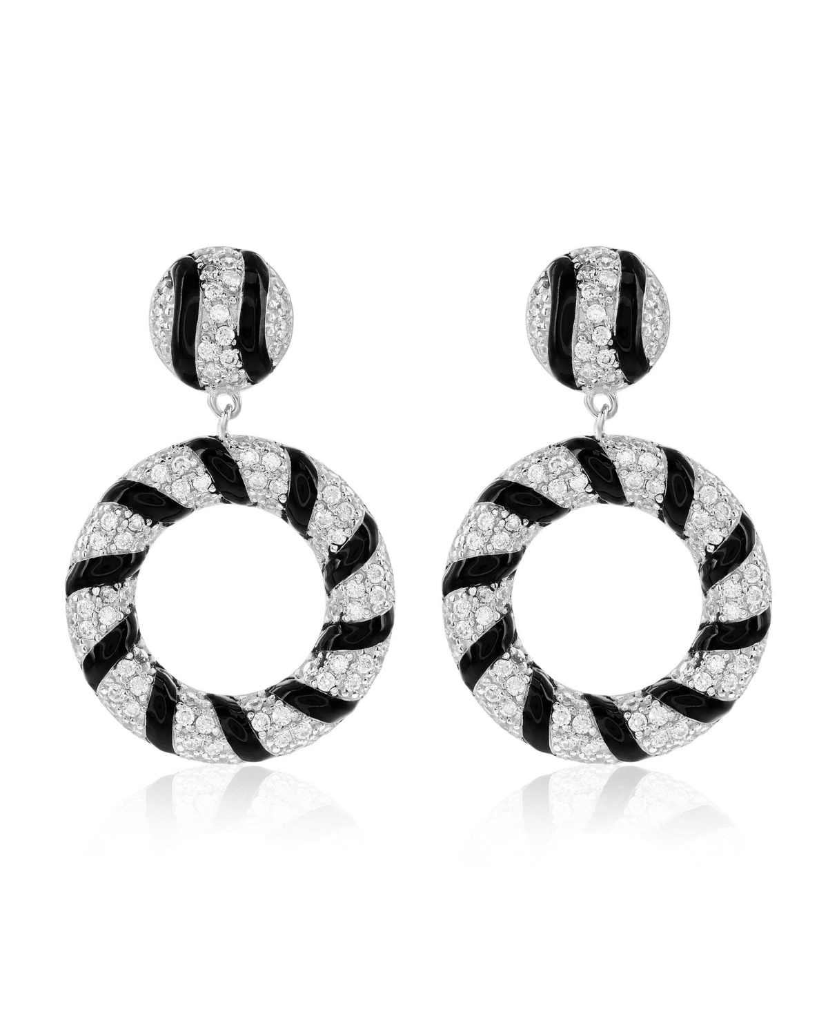 Suzy Levian Sterling Silver Pave White Cubic Zirconia Black Enamel Circle Drop Earrings - Black