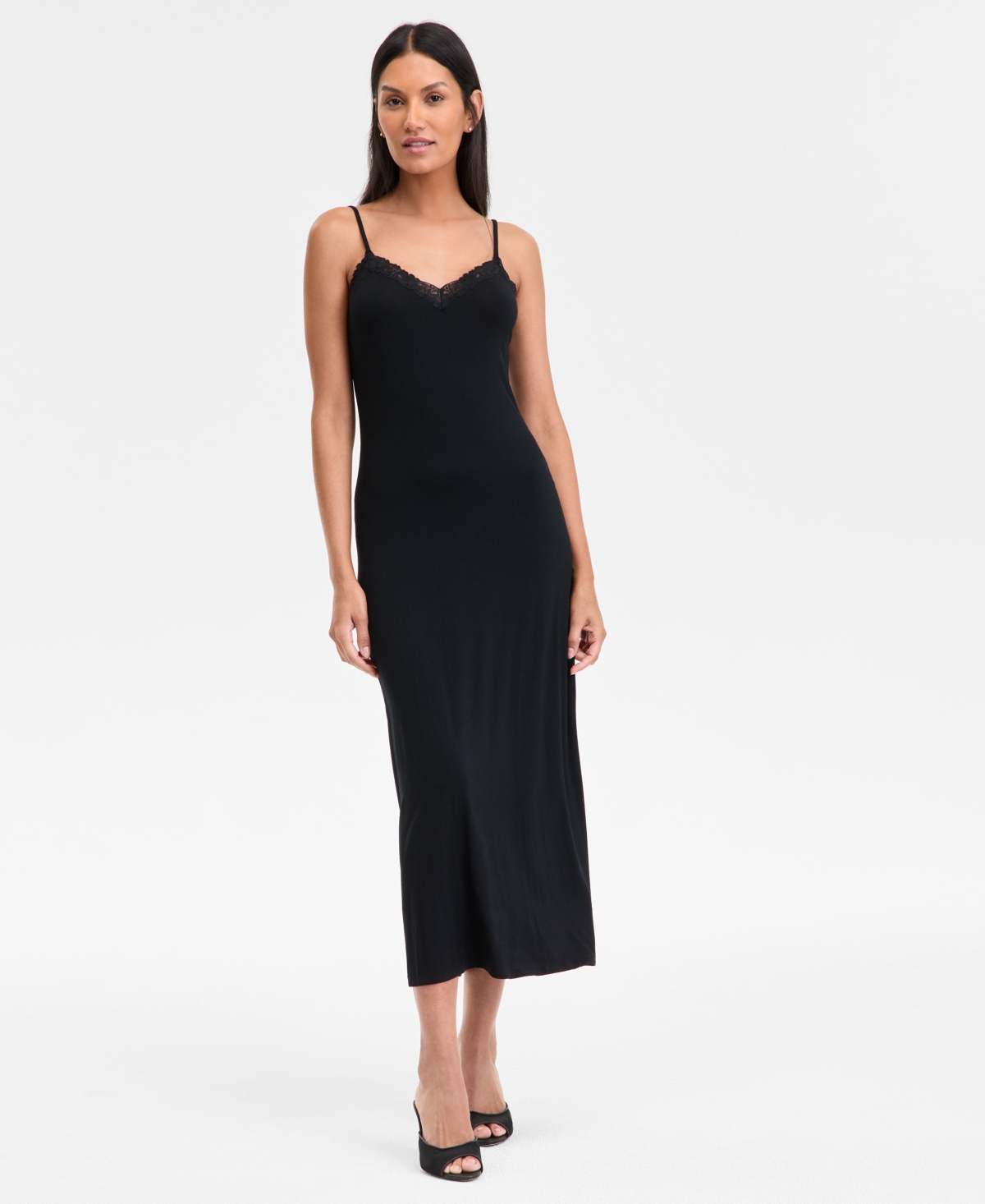 Inc International Concepts Women's Lace-trim Knit Nightgown, Exclusively At Macy's In Deep Black