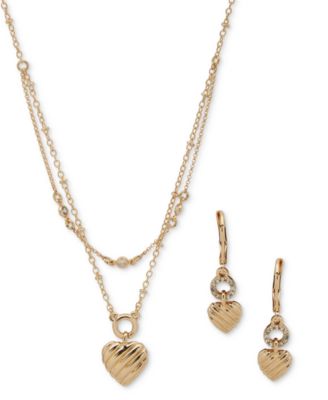 Anne Klein - Gold-Tone 2-Pc. Set Textured Heart Layered Necklace & Matching Drop Earrings
