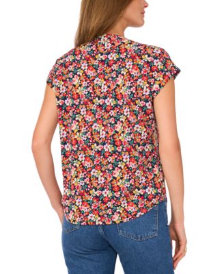 Women's Floral-Print Split-Neck Cap-Sleeve Top