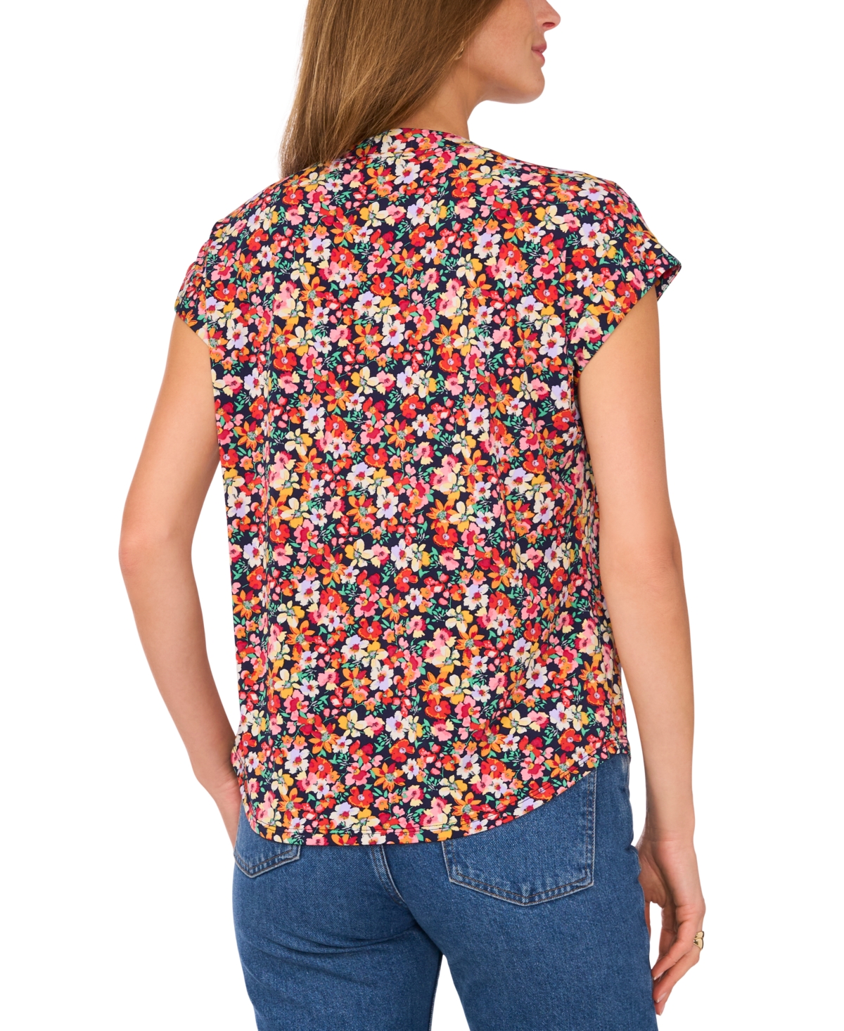 Vince Camuto Women's Floral-Print Split-Neck Cap-Sleeve Top - Navy  Coral Floral