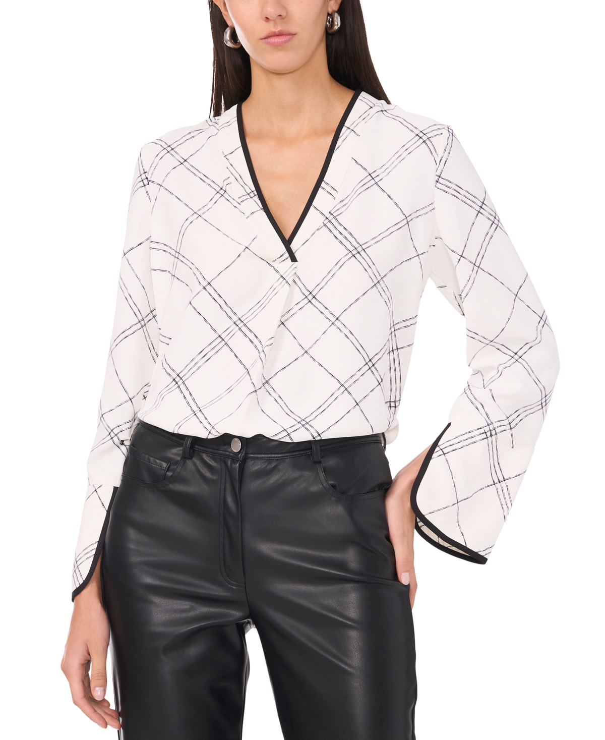 Shop Vince Camuto Women's Windowpane-print V-neck Top In New Ivory