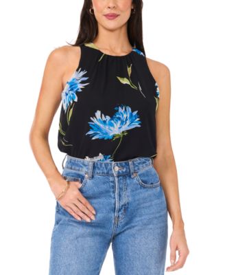 Vince Camuto Women's Floral-Print Cinched-Waist Top Black Size Large