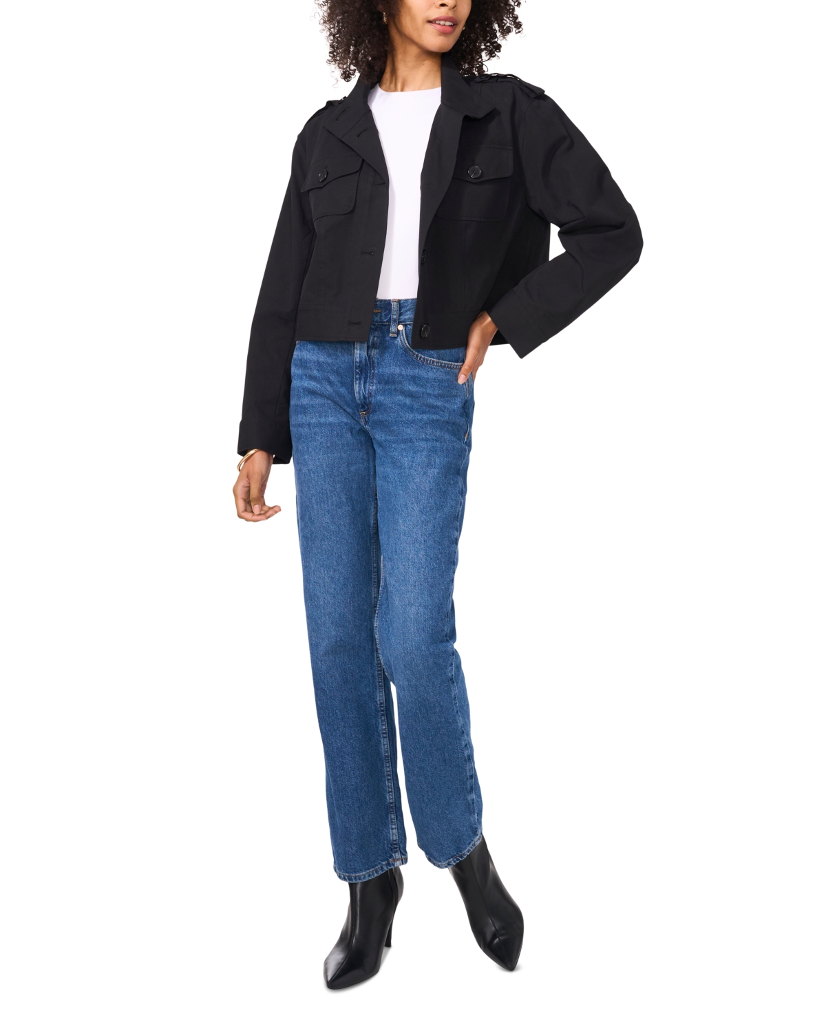 Shop Vince Camuto Women's Button-front Cropped Jacket In Rich Black