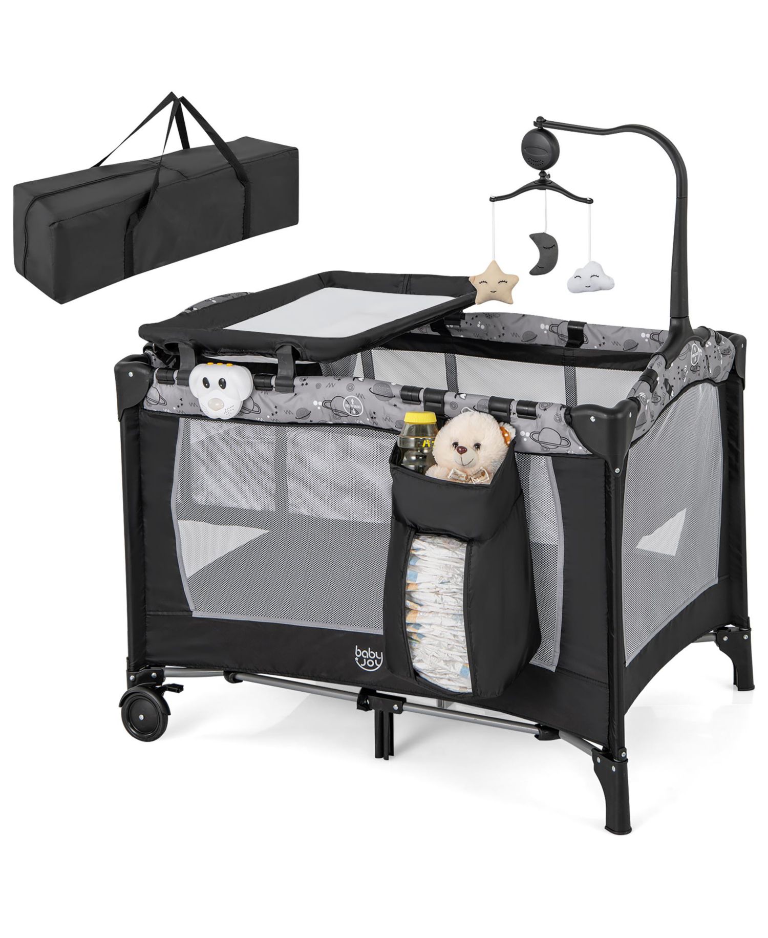 Portable Baby Playard Nursery Center Crib Bassinet w/ Hanging Toys and Music Box