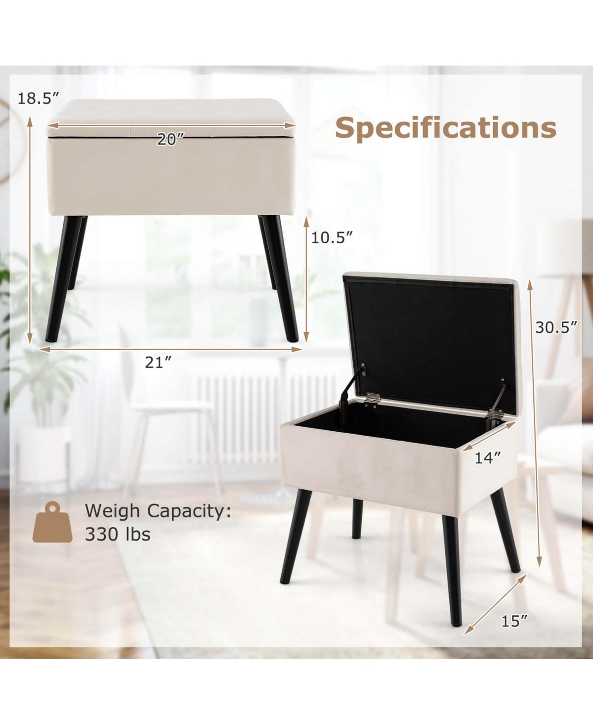 Costway Velvet Vanity Stool Ottoman with Storage Solid Wood Legs Flip-Up Top for Entryway -khaki