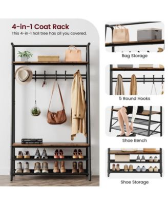 Coat Rack Shoe Bench, 4-in-1 Hall Trees Entryway Bench with Coat Rack and Shoe Rack, Wood Look Accent Furniture with Steel Frame Storage Shelf and Hanging Bar, Industrial