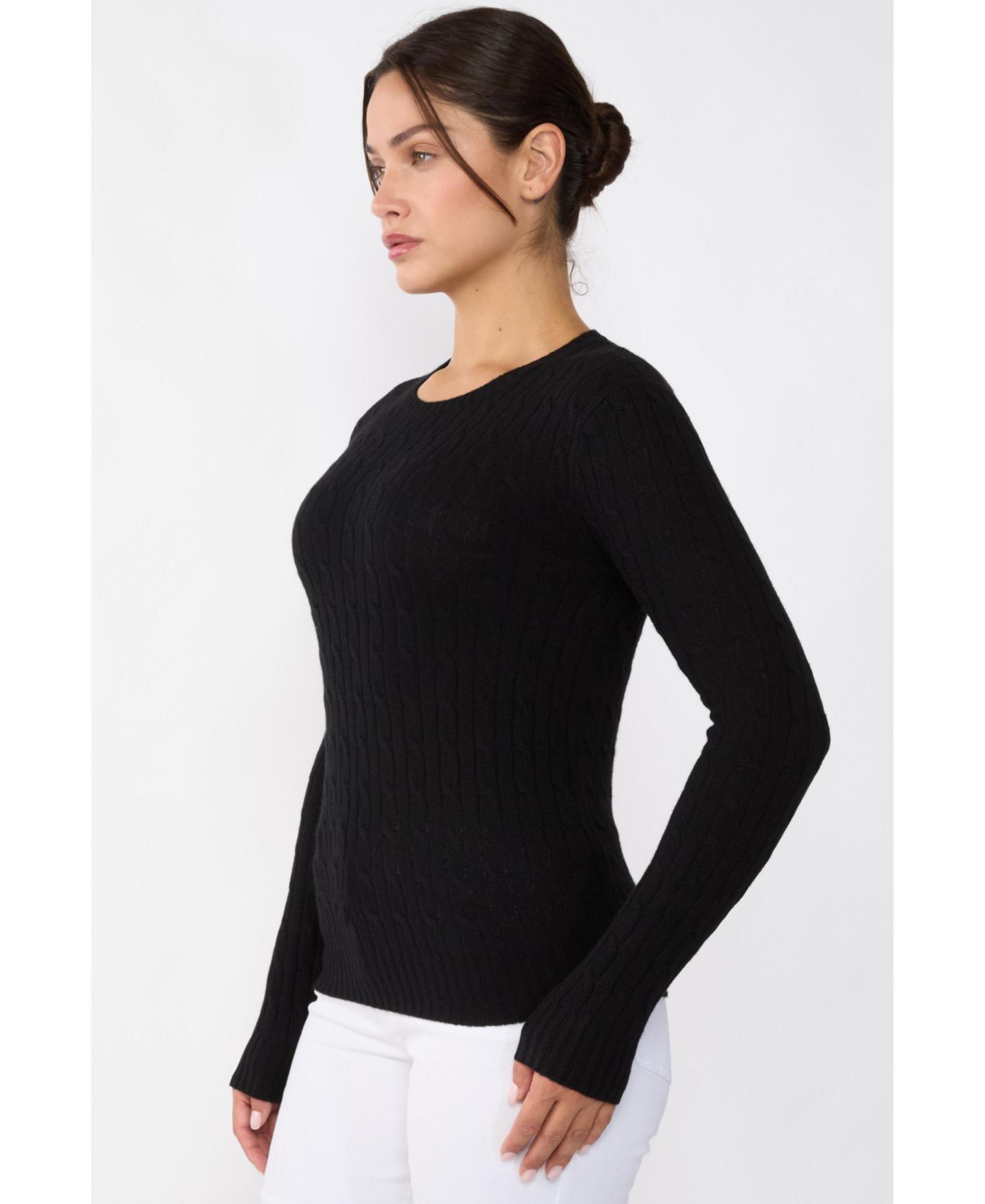 Женский свитер JENNIE LIU 100% Cashmere Cable-knit Long Sleeve Pullover Crew Neck, цвет: Чёрный — фото 3