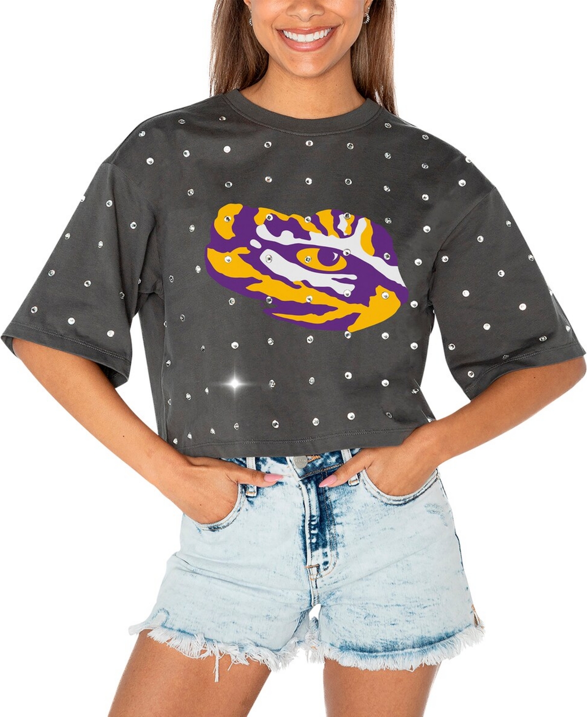Shop Gameday Couture Women's Gray Lsu Tigers Go Time Rhinestone Crop T-shirt