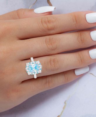 Blue & White Cubic Zirconia Mixed Cut Halo Ring in Sterling Silver