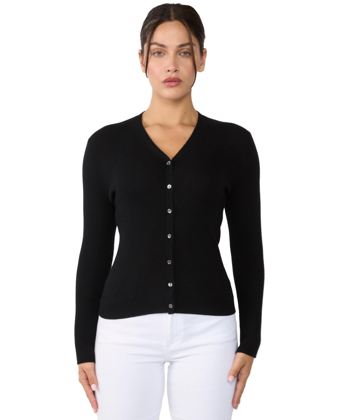 Женские JENNIE LIU Women's 100% Cashmere V-Neck Cardigan Sweater | Ribbed Tissue Weight Cashmere Sweaters — фото 1